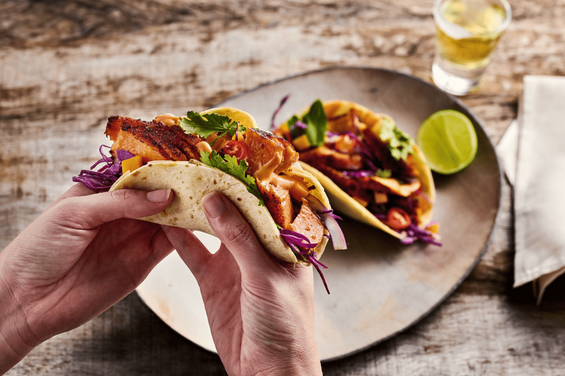 Meatless seafood wrap made with Oshi plant-based salmon